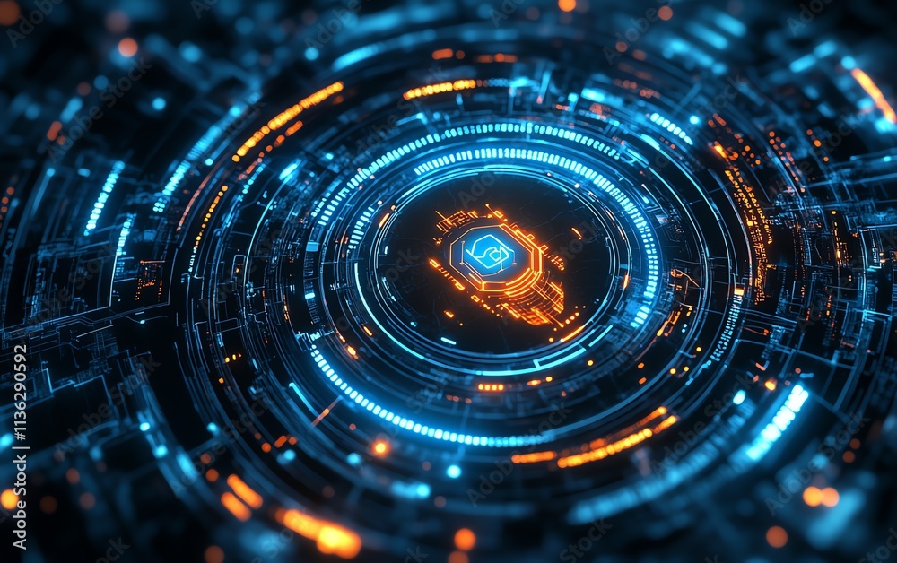 Poster futuristic digital interface with secure network protocols, hightech encryption symbols, glowing lin