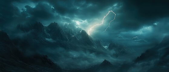 Erupting volcanoes illuminate a dark mountain landscape with flowing lava and ominous skies at twilight hour