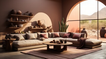 Fototapeta premium Cozy beige and brown color scheme with a curved sofa surrounded by natural decor in a modern living room interior with large windows and desert view