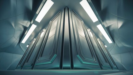 Obraz premium Futuristic Metal Corridor, Abstract Architecture, Sci-Fi Interior Design, Modern Technology Background