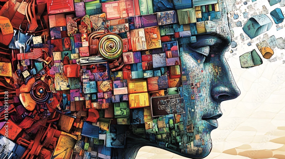 Poster Artificial intelligence: human face emerging from colorful digital data