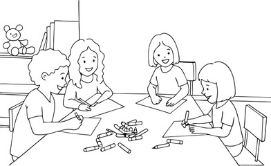 Continuous One Line Art Illustration  Of A Group Of Children Drawing With Crayons Children Day