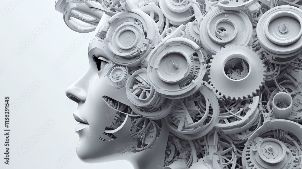 Poster Artificial intelligence: human face merging with clockwork gears in a futuristic concept