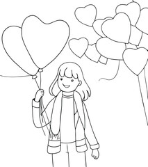 A Girl Holding Heart Shaped Balloon For Valentines Day Continuous One Line Art Drawing Illustration
