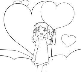 A Girl Holding Heart Shaped Balloon For Valentines Day Continuous One Line Art Drawing Illustration