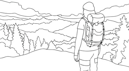 A Hiker With Backpack Standing On A Cliff Overlooking A Valley Hand Drawn One Line Art Drawing Illustration