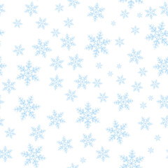 The background is filled with intricate snowflakes of various sizes and shapes drifting gracefully. This serene winter pattern evokes a sense of calm and beauty in the cold season. Seamless pattern