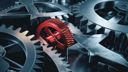 Intricate Red Gear in Complex Metal Mechanism, Industrial Engineering Background