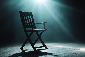 A dark wooden director's chair sits alone in a dimly lit, misty room.
