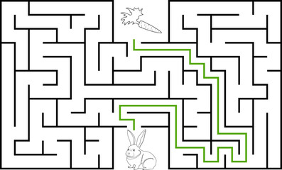 Help a white rabbit pass through rectangular maze to find a carrot. Feed the hungry bunny labyrinth. Easy difficulty level riddle for kids and their parents. Solution included