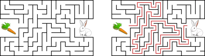 Help a white rabbit pass through rectangular maze to find a carrot. Feed the hungry bunny labyrinth. Easy difficulty level riddle for kids and their parents. Solution included © vellot