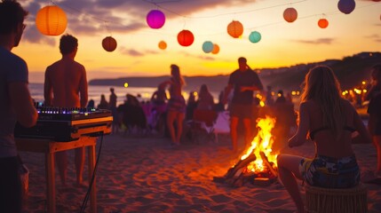Naklejka premium Beach Party at Sunset with Lanterns and Fire, Relaxation and Music in the Air