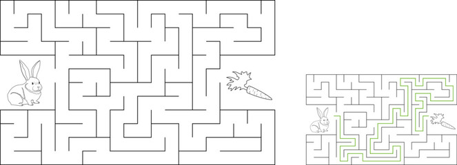 Help a white rabbit pass through rectangular maze to find a carrot. Feed the hungry bunny labyrinth. Easy difficulty level riddle for kids and their parents. Solution included