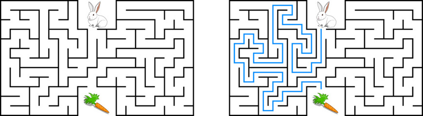 Help a white rabbit pass through rectangular maze to find a carrot. Feed the hungry bunny labyrinth. Easy difficulty level riddle for kids and their parents. Solution included