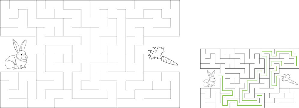 Help a white rabbit pass through rectangular maze to find a carrot. Feed the hungry bunny labyrinth. Easy difficulty level riddle for kids and their parents. Solution included
