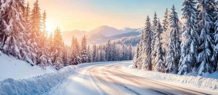 Majestic Winter Wonderland: Snow-Covered Road Winding Through a Picturesque Mountain Landscape at Sunrise - Powered by Adobe