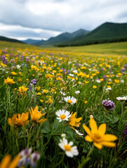 Obraz premium Vibrant wildflowers bloom in a serene mountain valley