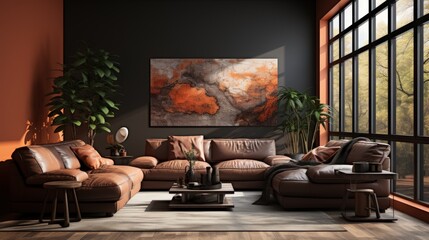 Modern Dark Brown Living Room Interior Design Featuring Large Windows and Artistic Wall Decor