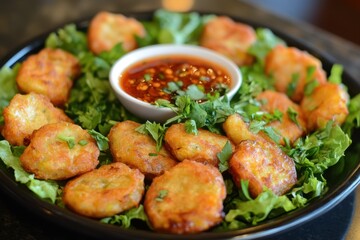 A platter of golden fritters served with a spicy dipping sauce on a bed of lettuce.