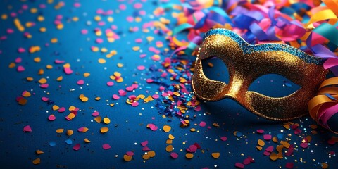 Minimalist background image with a festive carnival theme,  colorful confetti, carnival masks.
