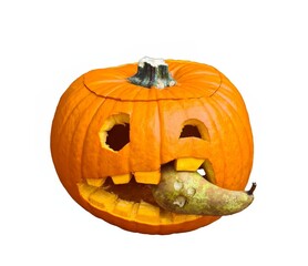 Funny jack-lantern pumpkin eating a pear on white background. 