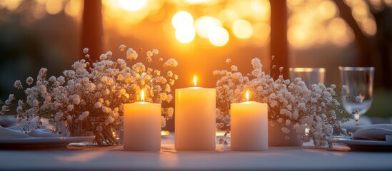 Romantic sunset dinner table setting with candles and flowers. (2)