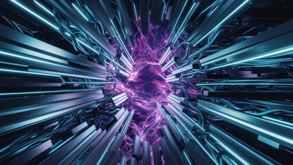 Abstract Futuristic Tunnel with Neon Lights and Purple Energy, Sci-Fi Background, Digital Art