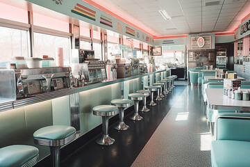 Fototapeta premium A brightly lit, mint-green diner with booths and counter seating. Windows look out to the street.