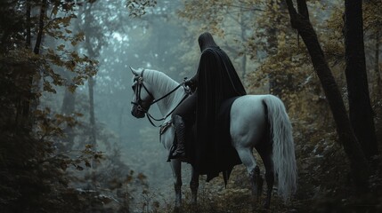 Medieval knight on a majestic horse exploring a misty forest at dawn