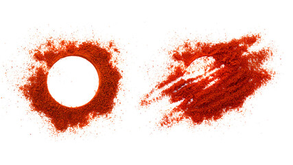 Red pepper powder isolated on white background, set, top view. Heap of red pepper powder around frame and border isolated on white, top view. Heap of red pepper powder on white background.
