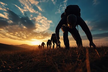 Dawn fitness boot camp with energetic participants at sunrise outdoor adventure in nature dynamic group activity for health and wellness