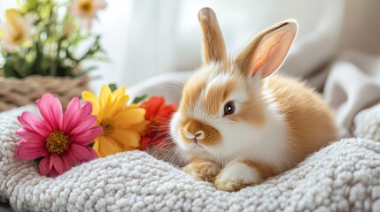 Fluffy bunny resting on blanket with colorful flowers