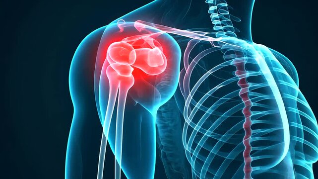 X-ray of a human shoulder joint on a deep blue background with red and yellow highlights, showing the complex structure of the shoulder joint and surrounding tissue.