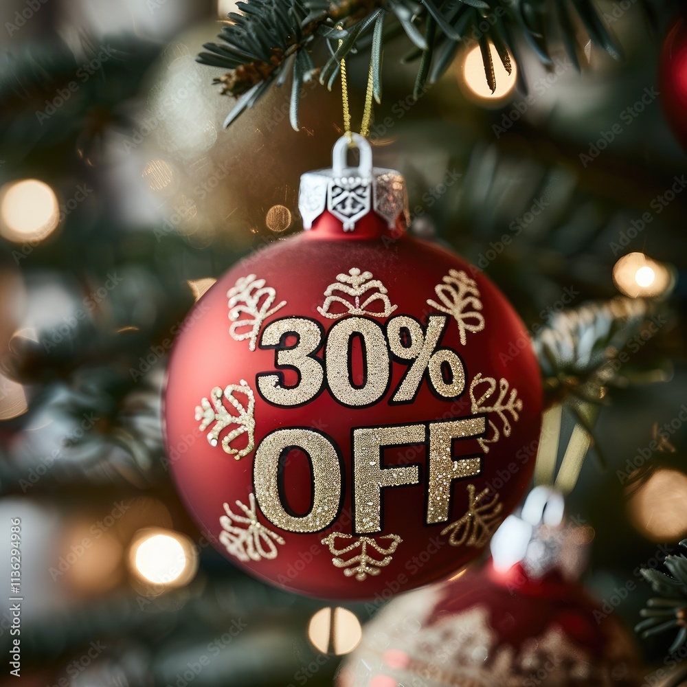 Poster A simple red round ornament on a Christmas tree with text on it that says 