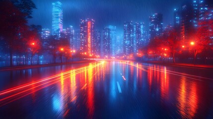 Naklejka premium Smart city with digital transformation technologies visualized, glowing connections and data streams, wide angle shot