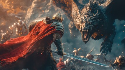 Warrior battles monstrous creatures in a dark, enchanted forest at twilight