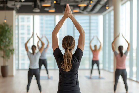 Empowering group workout session with a professional trainer in a modern gym environment motivating participants to achieve fitness goals