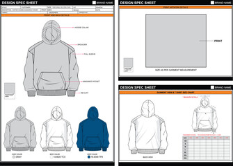 HOODIE KANGAROO POCKET EASY EDITABLE EMPTY TECH PACK MEASUREMENT LAYOUT TEMPLATE DESIGN