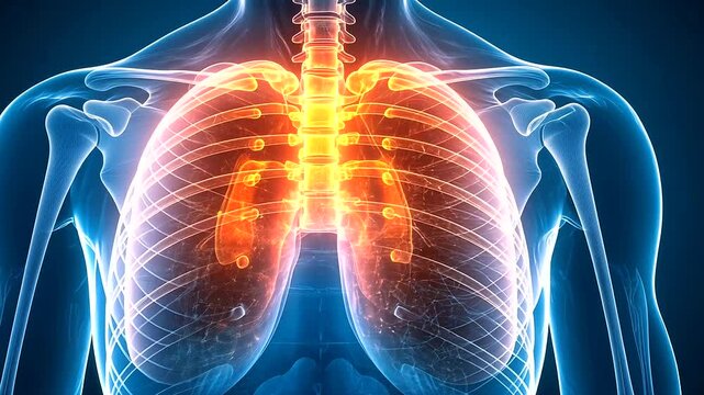 X-ray of a human chest, with shoulder joints and ribcage highlighted in red and yellow against a blue background, giving a detailed view of upper body joints.