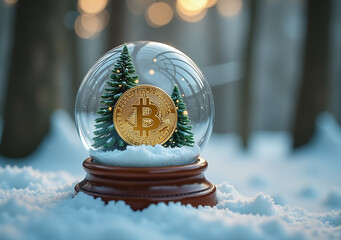 tiny snow globe features golden bitcoin amidst serene winter forest