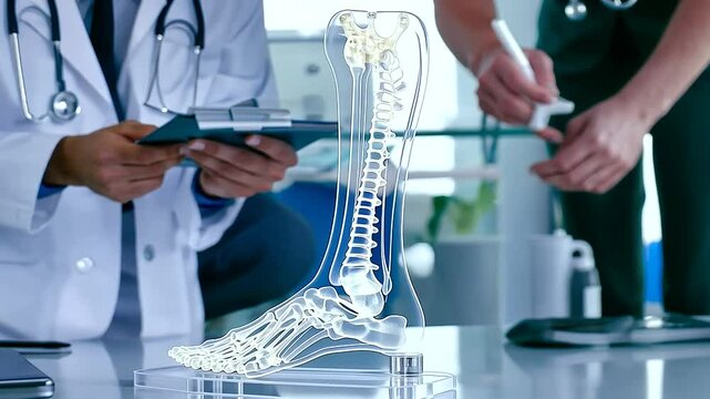A podiatrist points at the heel bone on a foot skeleton model