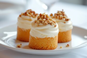 Three small cakes topped with cream and chopped nuts on a white plate.