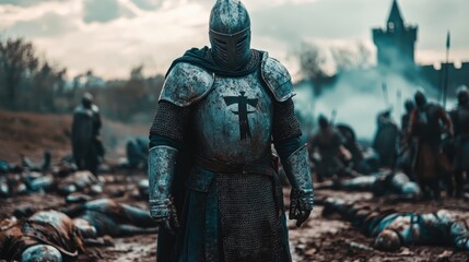 Fototapeta premium Mysterious knight stands amidst a battlefield covered in shadows and embers, evoking a sense of ancient struggle and bravery
