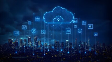 Fototapeta premium Innovative visualization of cloud technology with digital security symbols and secure storage, wide view