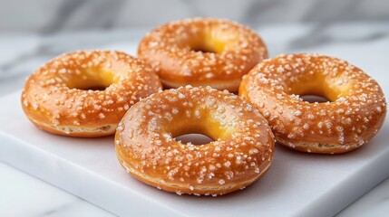 Freshly Baked Pretzel Doughnuts with a Glazed Finish and Coarse Sea Salt Sprinkles on a Marble Background for Culinary and Food Photography