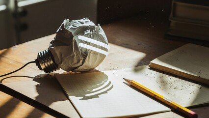 Crinkled Paper Light Bulb on Notebook with Pencil, Creative Idea Concept