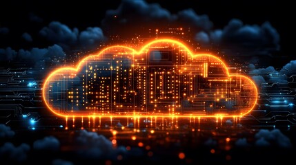 Fototapeta premium Innovative visualization of cloud technology with digital security symbols and secure storage, wide view