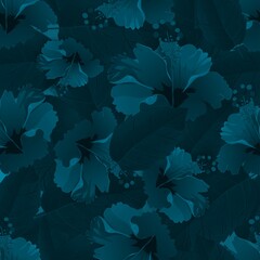 Blue seamless pattern with hibiscus © Alleftina203