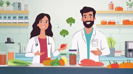 Friendly nutritionists presenting healthy food choices.