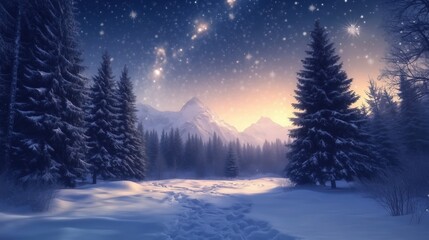 Footprints are marking a path through a beautiful snowy forest at sunset, with snow-covered pine trees, mountains in the background, and a starry night sky